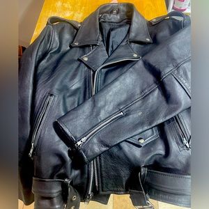 Men’s thick leather black motorcycle biker jacket.